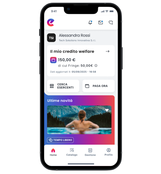 Visualizzazione dei flexible benefit tramite l'applicazione mobile Epassi per dipendenti, visualizzazione credito welfare e quota fringe benefit, funzione ricerca tramite catalogo e mappa, convenzionamento on demand welfare territoriale e opzione pagamento in app